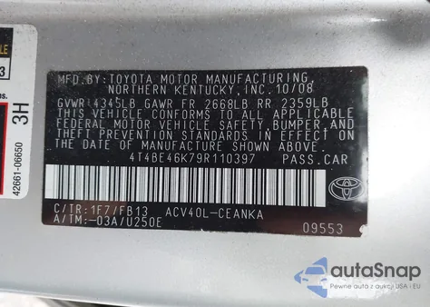 2009 Toyota Camry Le from USA, damaged, VIN 4T4BE46K79R110397